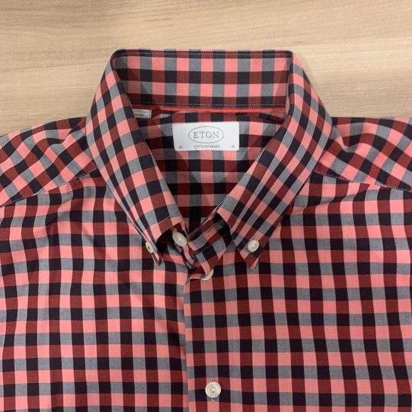 Eton Men's Dress Shirt Contemporary Size 41 & 16 Collar Black and Fusia gingham - Picture 3 of 9